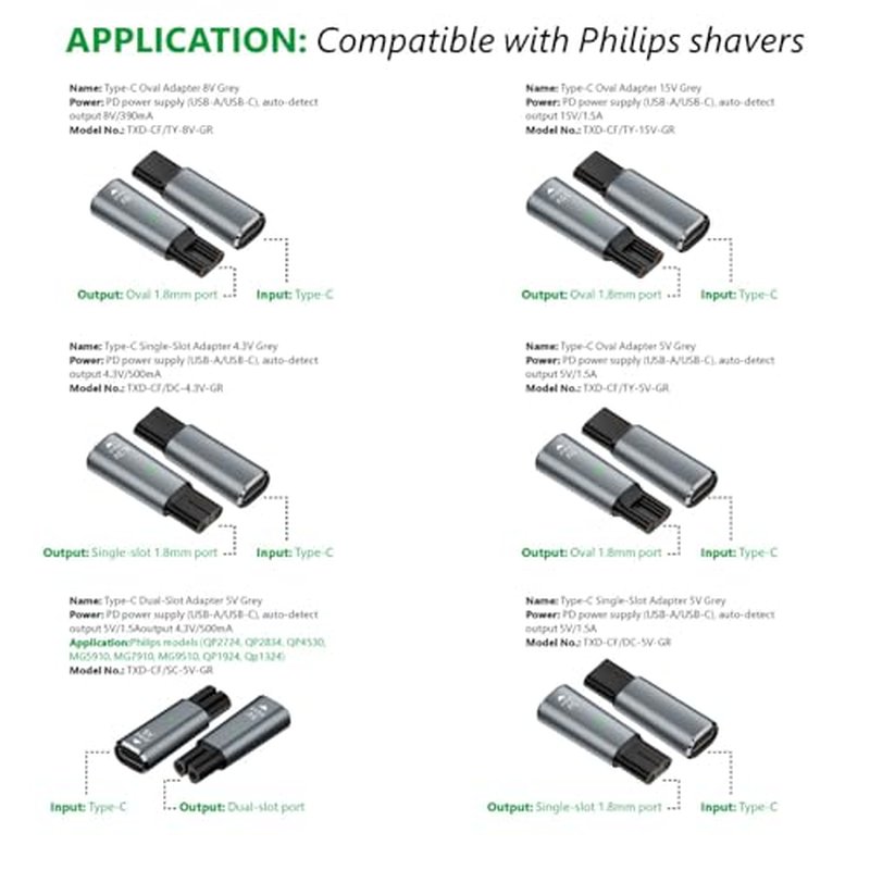 4.3V 5V 8V 15V Type-C Shaver Adapter Charging Converter, Suitable for Philips Norelco 7700/7500/7400 3500/5300 Series, OneBlade QP6520 QP6530 QP6510£¬ Equipped with a Charging Data Cable (8V)
