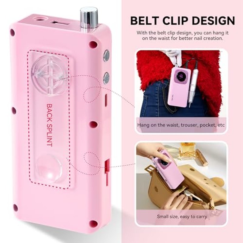 45000RPM Professional Portable Nail Drill Electric File with Pink diamond£¬ Rechargeable Nail E File Machine with Bits & Clean for Acrylic Nails Remove Nail Gel Polish Manicure, Cordless