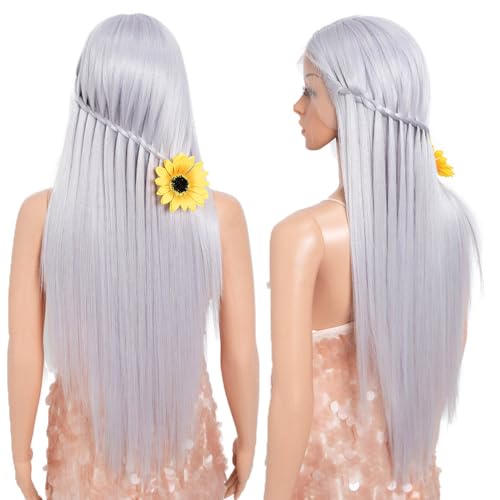 Mid-Part Silver White Purple Long Straight Synthetic Wig - Thistle Variation