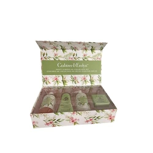 Crabtree & Evelyn Sweet Almond Oil Collection Set (Bath & Shower Gel 8.4 fl oz, Hand Therapy 3.5 oz, Body Lotion 8.4 fl oz, Bar Soap 3.5 oz)