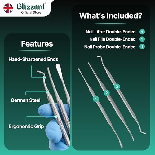 Ingrown Toenail File Set by Blizzard ? 3 Piece Double-Ended Tool Kit with Blacks File, Nail Cleaner and Lifter for Cleaning and Care of Ingrown Toenails - Premium Stainless Steel