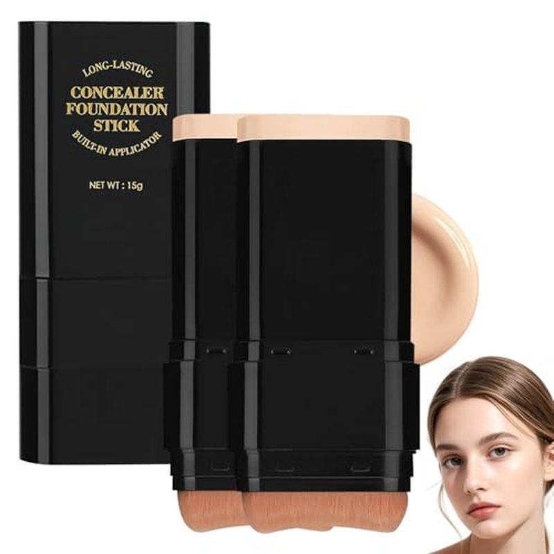 2PCS Foundation Stick, 2 in 1 Dual-Ended Long-Lasting Concealer Foundation Stick, Face Contouring foundation with Brush, Full Coverage Matte Finish for Face Makeup(02natural)
