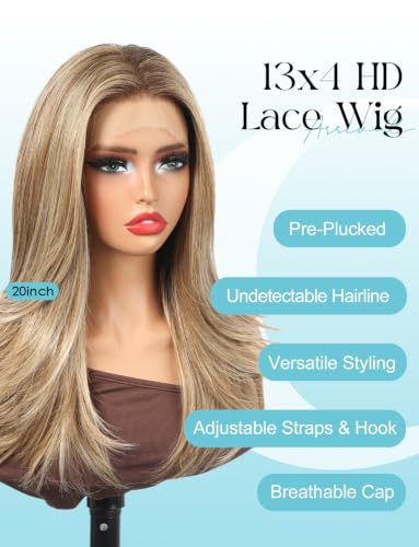 20 Inch Synthetic Straight Lace Front Wig with Layers - Ash Brown, 13x4