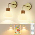 Glass Battery Operated Wall Sconces Set of 2 - Gold, Rechargeable, Dimmable with Remote & Timer