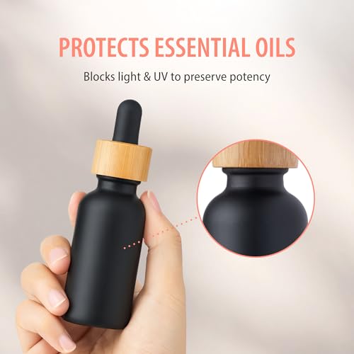 Black Boston Round Dropper Bottles - 1 oz Reusable Glass with Bamboo Cap - 24 Pack