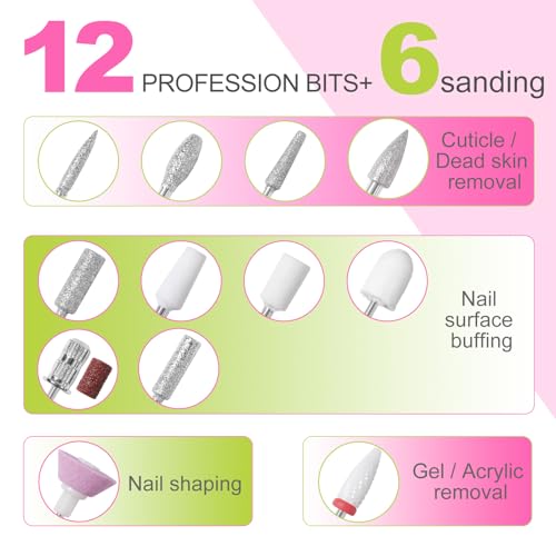 Pink-Green MEKK Professional Cordless Nail Drill 35000RPM E-File for Acrylic Gel Nails