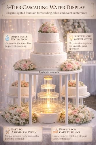 12.5-Inch Lighted Wedding Cake Water Fountain - Clear 3-Tier Decorative Centerpiece