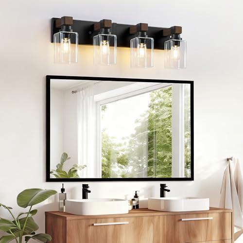 Farmhouse Black 4-Light Bathroom Vanity Light with Square Glass Shades - EvmVom