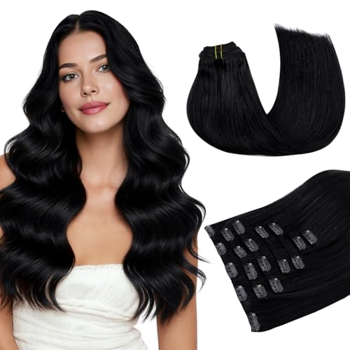 Clip-In Hair Extensions Human Hair 16 Inch Jet Black 120g 7pcs