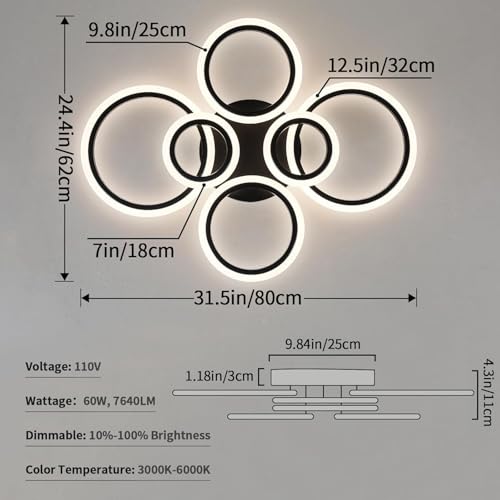 Shine LUEST Black 6 Rings LED Ceiling Light Fixture with Remote Dimmable