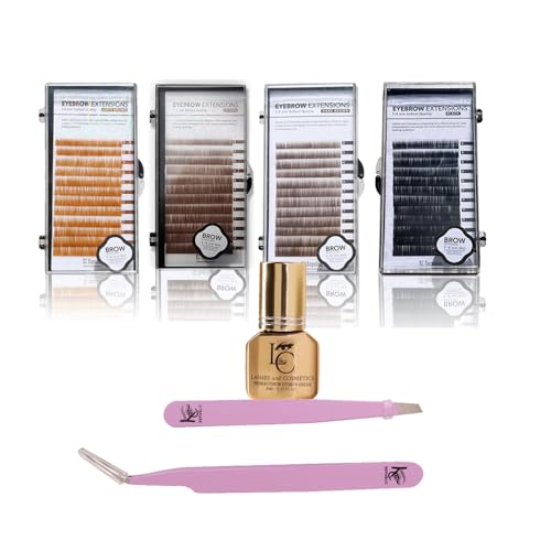 Eyebrow Extensions Premium Kit with 4 Trays of Mink Eyebrows in Light Brown, Brown, Dark Brown, Black, Comes on Mixed Length Trays 5-8 Mm Mix, Eyebrow Premium Glue & Extension Tweezers