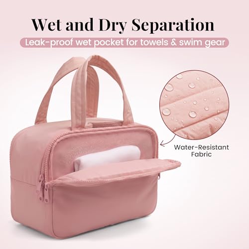 Travel Toiletry Bag Large Capacity with 4 Compartments Wet Dry Separation Pink - Lightweight & Spill-Proof