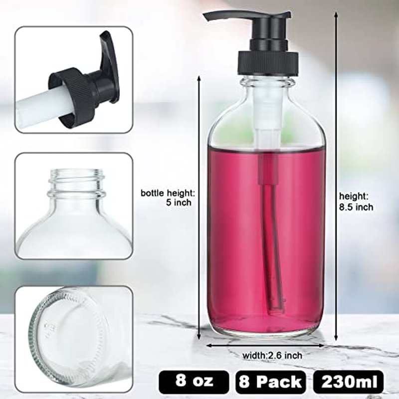 8 Pack Glass Pump Bottles with Black Lotion Pumps 8 oz Refillable Pump Bottles Dispenser Thick Glass Lotion Soap Shampoo Massage Oil Containers Multipurpose for Salon Cosmetic Kitchen Bathroom(Clear)