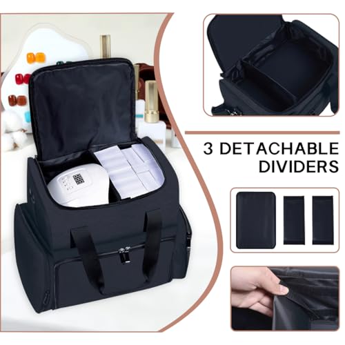 Nail Polish Organizer Case Holds 80 Bottles (15ml - 0.5 fl.oz) and a Nail Lamp,Nail Polish Case with 2 Removable Bags and Tools Storage Sections Black