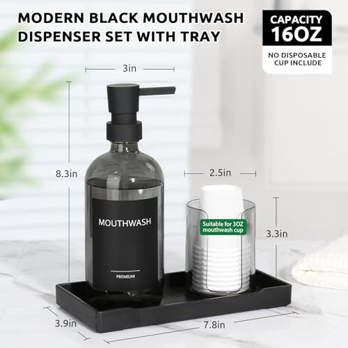 Mouthwash Dispenser for Bathroom, Glass Mouth Wash Pump Dispenser with Cup Holder, 17 Fl Oz Mouthwash Bottle Decanter with Tray, Refillable Mouthwash Dispenser Container (Clear Black)
