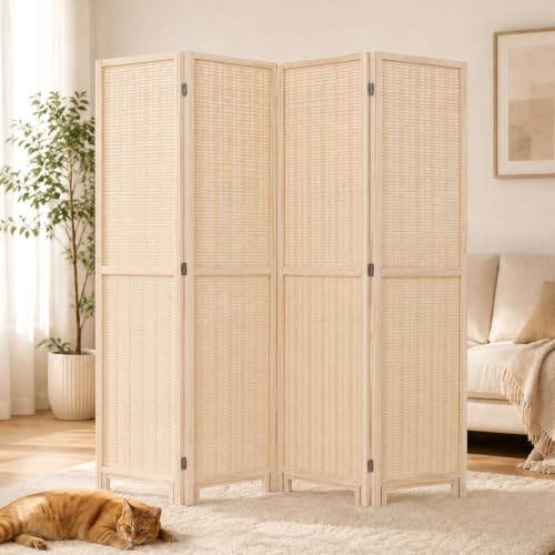 Beige Bamboo Room Divider 67" 4-Panel Freestanding Wall Screen - Detachable & Foldable