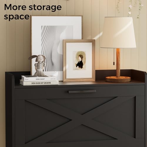 Homleke Farmhouse Shoe Storage Cabinet with Flip Drawers & Barn Door Design - Black