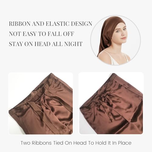 One Size Curry FATEGEART 19 Momme 100% Mulberry Silk Sleep Cap for Women, Adjustable Long Bonnet for Curly Hair