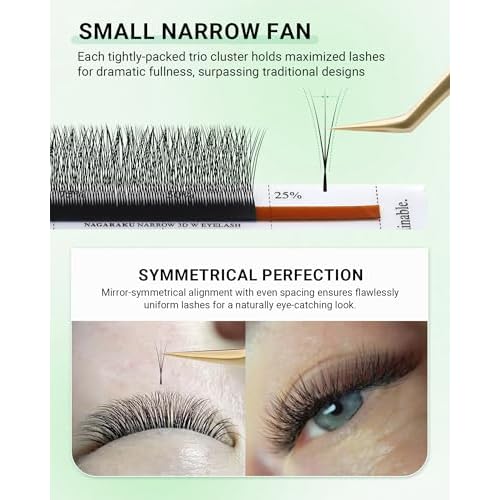 NAGARAKU Narrow 3D W Eyelash Extension, Small Spacing 3D Clover Lash Supplies Natural Soft Premade Fans PBT Cluster W Shape Lash Easy Fanning yy False Lashes Makeup Solon Matte Black - 0.07D 8-15 Mix