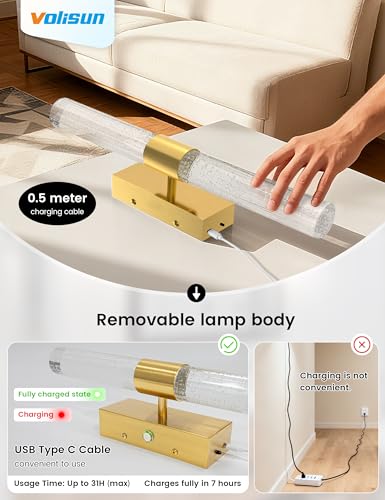 VOLISUN Gold Battery Operated Wall Sconces Set of 2 with Remote, Rechargeable Wireless Wall Lights for Living Room & Bedroom