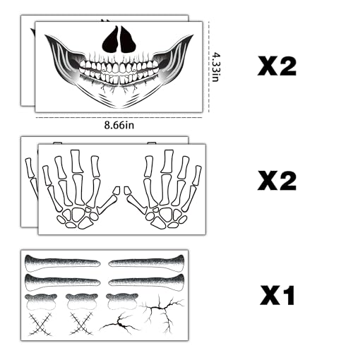 U-Goforst 2X Skeleton Face Tattoo, Skeleton Hand Tattoo Glow in The Dark, Skull Halloween Face Tattoos Hand Bones Temporary Tattoos Sticker, Classic Skeleton Makeup for Women Men Adult