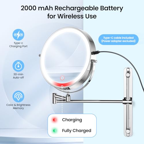 Gospire 8.5" Rechargeable Wall Mounted Lighted Makeup Mirror with Magnification 10X, Adjustable Brightness & Height, 3 Light Colors, 360¡Æ Rotation, Magnifying Mirror with Light for Women - Chrome