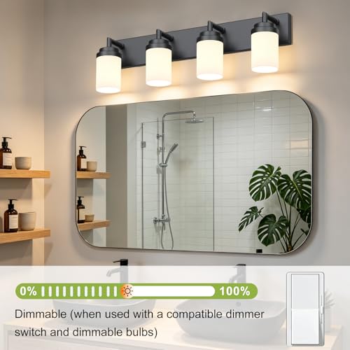 Matte Black Bathroom Light Fixtures Over Mirror - 4 Light White Glass Shade, Modern Vanity Lighting, Variation: Black-White Shade