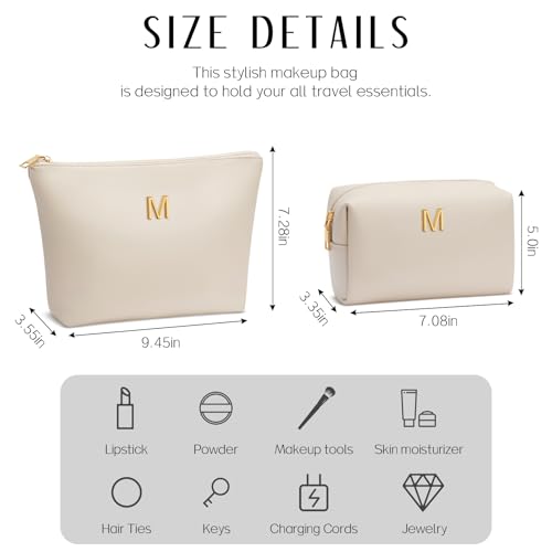 Birthday Gifts for Women Initial Makeup Bag Set Personalized Girl Cosmetic Travel Toiletry Bag Gifts for Bridesmaid Friend Graduation Teachers(Beige,M)