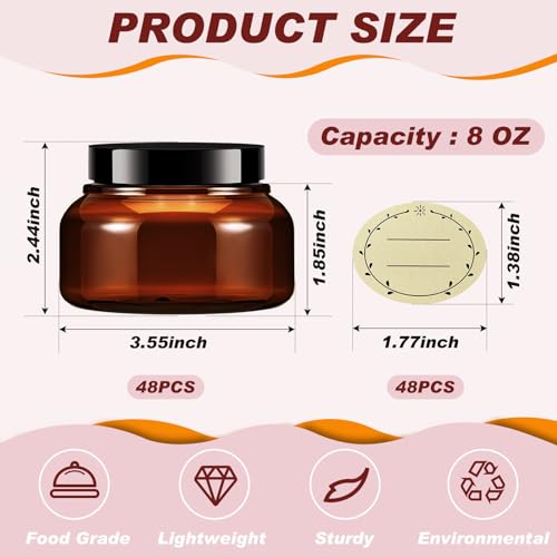 Tessco 48 Pcs Plastic Jars with Lids and Labels Body Scrub Jars Round Refillable Cosmetic Containers Empty Butter Travel Containers for Sugar Scrub Lotions Cosmetics Cream(8 oz,Brown)