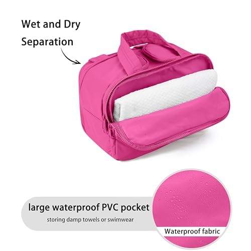 Travel Toiletry Bag for Women, Large Wide-open Puffy Cosmetic Makeup Bag with Wet-Dry Separation, Multi-Pocket Organizer with Carry Handle for Toiletries, Cosmetics, Essentials, Rose Red