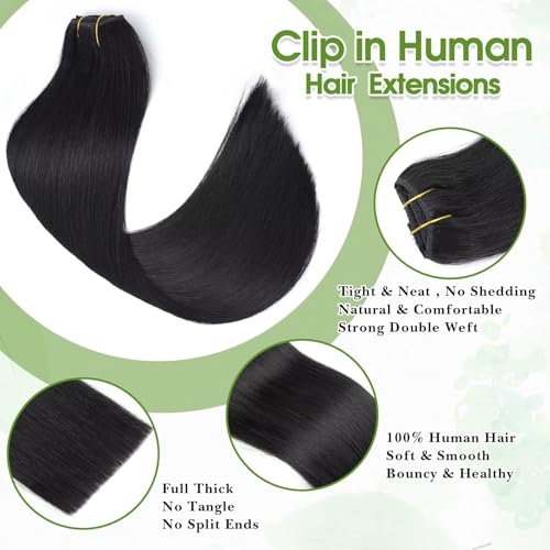 TOHASI Jet Black 1# 20-inch Human Hair Clip-in Extensions 8pcs Seamless Brazilian