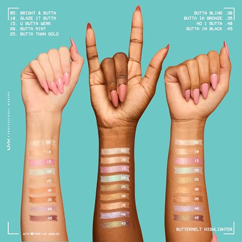 NYX PROFESSIONAL MAKEUP Buttermelt Highlighter, Powder Highlighter Makeup, With Up to 12H Wear and High Impact Glow - 05 Bright and Butta (Light Champagne)