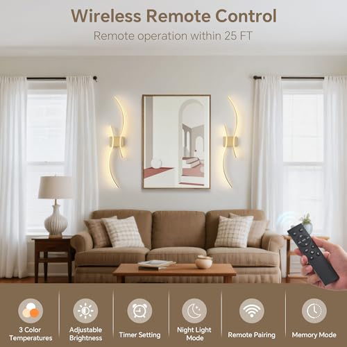 GLOTHOR Brushed Brass Arc Wireless Wall Sconces Set of 2, Dimmable, 3CCT, 23.6"