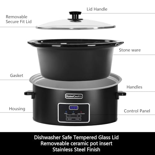 HOMECOOKIN 8 Quart Programmable Slow Cooker - Black Stainless Steel, Family Size Kitchen Appliance