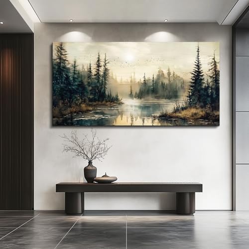 FUHAIHUA Forest River Wall Art Canvas - 48x24 Inch Modern Landscape Decor
