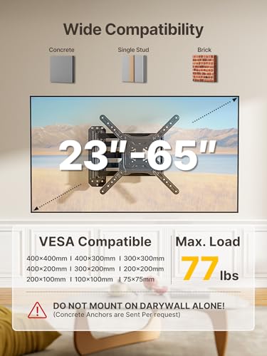 monTEK 37 Inch Long Arm TV Wall Mount for 23-65 Inch Flat and Curved TVs – Full Motion, Space-Saving