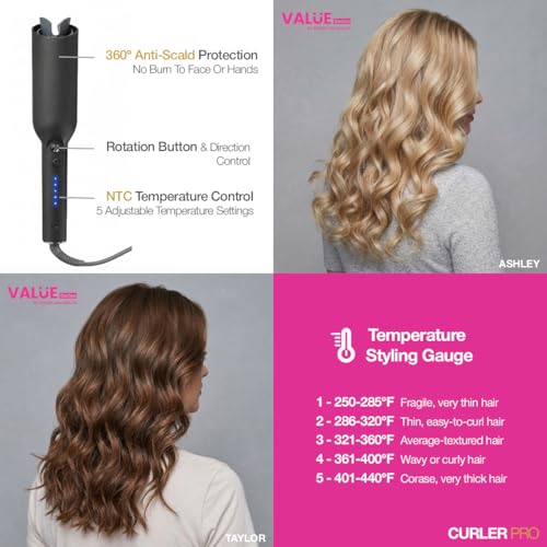 Atelier Lisa Qualite Automatic Curling Iron with Long Barrel - Beach Wave & Ringlet Styling, 1 1/4 Inch