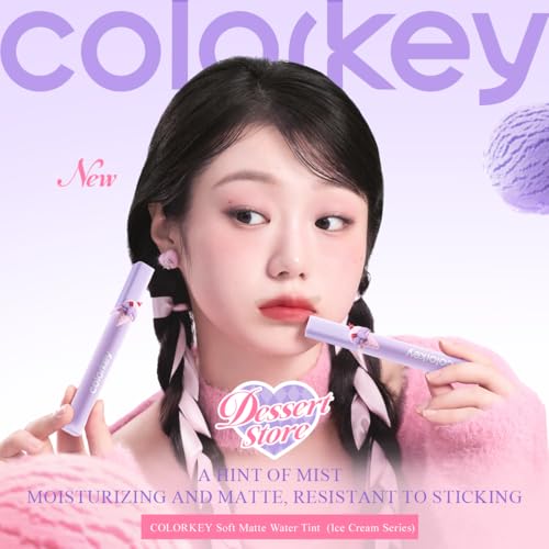 COLORKEY Soft Matte Water Tint Dessert Series, Ice Cream Limited Edition - Long-Lasting, Transfer-Proof, Hydrating Lip Tint with Dual-Texture Finish, Water-Gloss on Application, Matte After Set