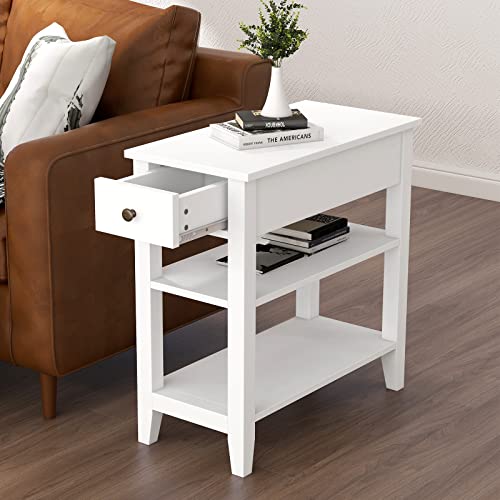 White ChooChoo Side Table with Drawer and Shelf for Living Room - Narrow Design