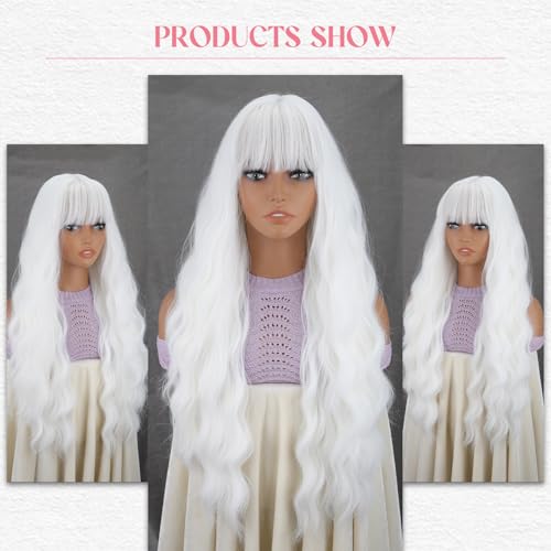MERISIHAIR Long White Wavy Wig with Bangs 26 Inches Natural Looking Synthetic Heat Resistant Hair Wigs for Women Daily Party Cosplay Wigs