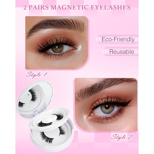 Natural Look Magnetic Eyelashes Kit - 2 Pairs Reusable Double Sided Magnetic Lashes With Applicator and Mirror, Easy To Wear And Remove, No Glue Needed Strip Lashes, Black Faux Cils by EMEDA (#23)