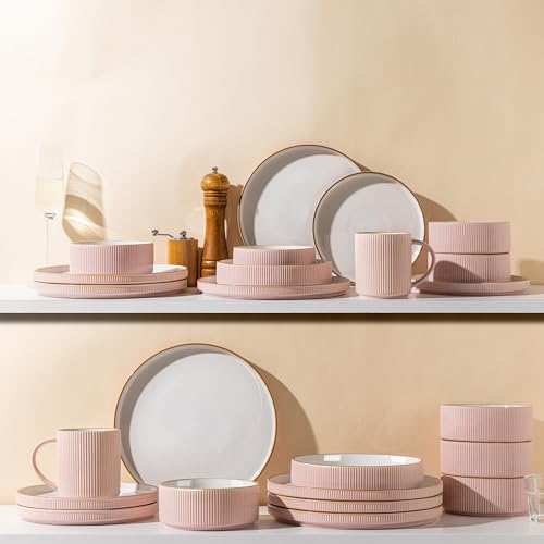 GBHOME Stoneware Dinnerware Set for 4 - 12 Pieces Pink Ribbed Plates & Bowls