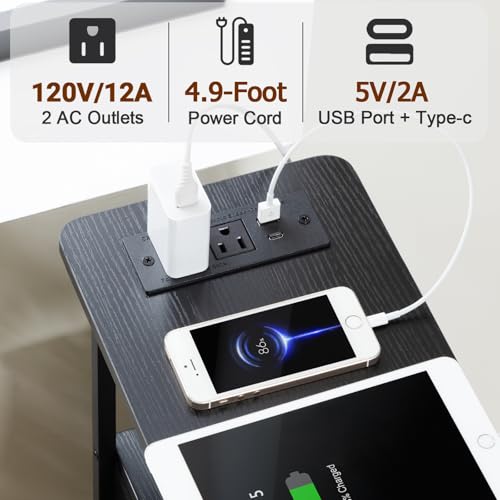 Narrow End Table with Charging Station & LED Light - Black, Set of 2
