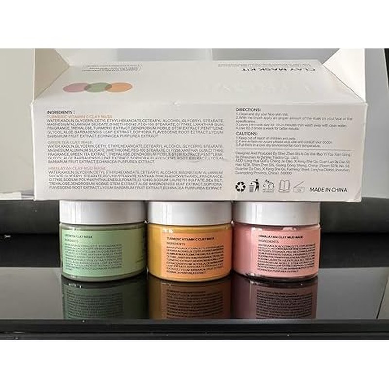 3-in-1 Clay Mask Set for Face | Green Tea, Turmeric Vitamin C & Himalayan Pink Clay | Deep Cleansing, Pore Refining, Moisturizing Facial Mask Kit (3.5oz Each) + Silicone Brush