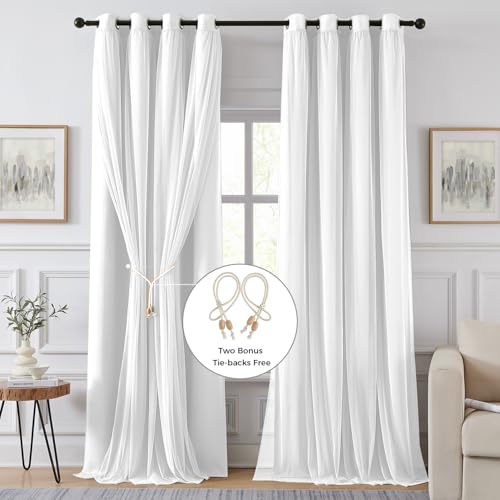 White Blackout Curtains 52W x 84L Double Layer Set - Pack of 2, Grommet Top