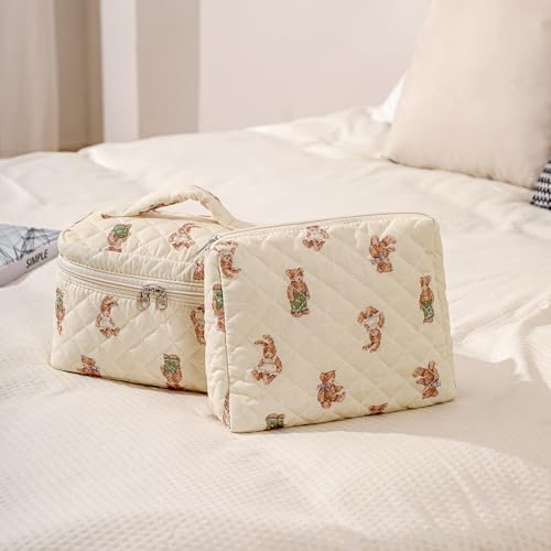 3Pcs Aesthetic Cotton Quilted Drawstring Makeup Bag Set, Aesthetic Cute Bow Makeup Pouch for Girls and Women, Aesthetic Travel Organized Cosmetic Bags for Purse(01Bear)