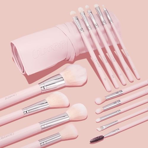 ColourPop Smoke 'N Roses Brush Roll Face & Eye Makeup Brush Set - Vegan Synthetic Bristles - Includes Holder - 14 Pieces