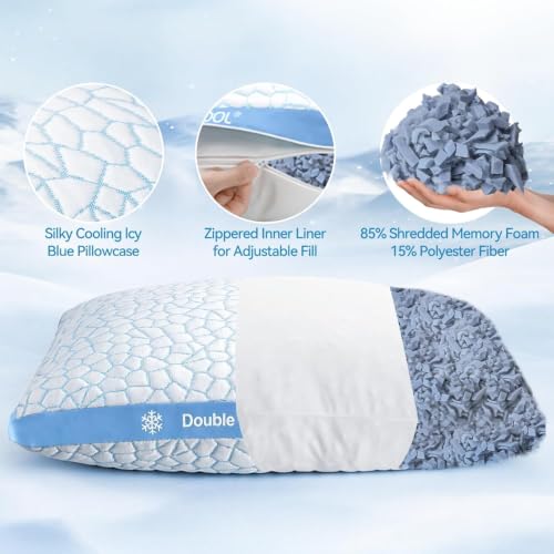 Blue Double Sided Cooling Pillow Set of 2 Queen Size - Adjustable Gel Memory Foam for Hot Sleepers