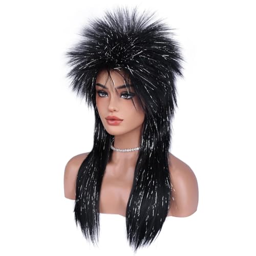 Rocking Wig for Women - Black Silver Punk Mullets with Adjustable Cap