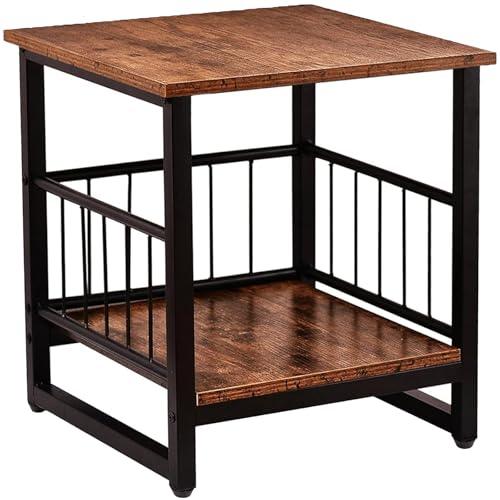 Rustic Brown Industrial End Table with Storage Shelf - 18x18 Inch Nightstand, Mini Fridge Stand, Bedside Table